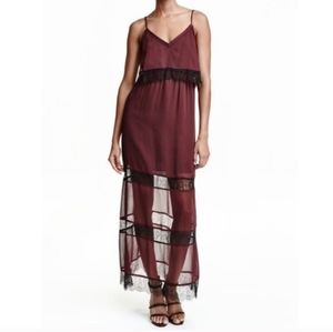 H&M Burgundy Chiffon & Lace Strappy Maxi Dress